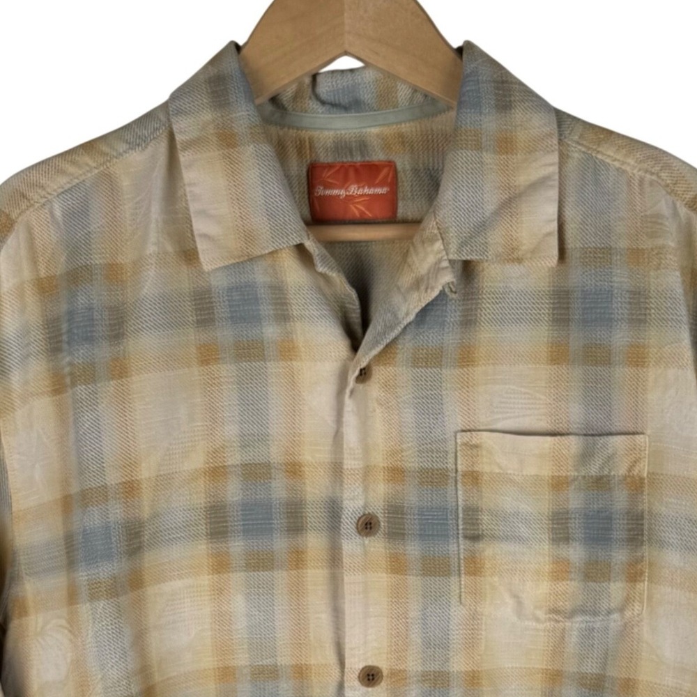 Tommy Bahama Silk Plaid Tropical Jacquard Camp Shirt Mens M Short Sleeve